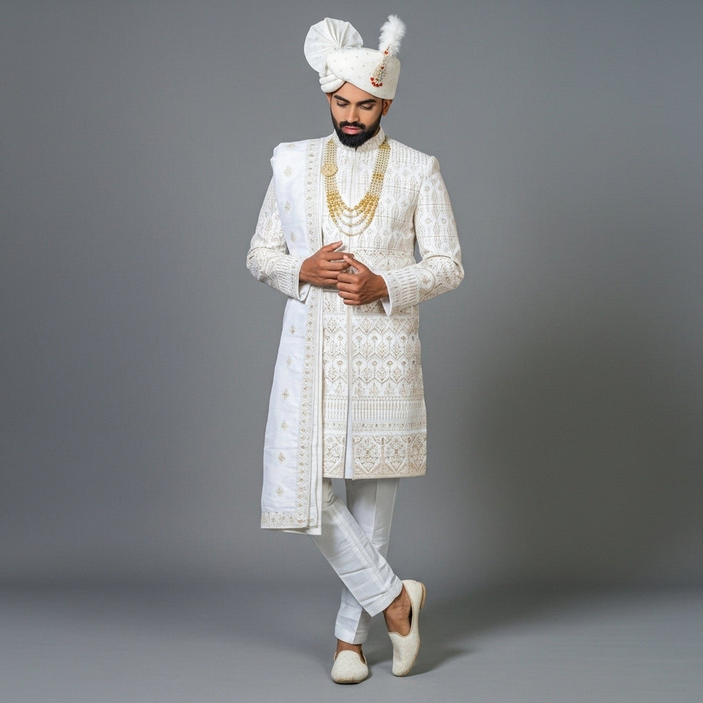 Classic Ivory Zari Embroidered Sherwani Set