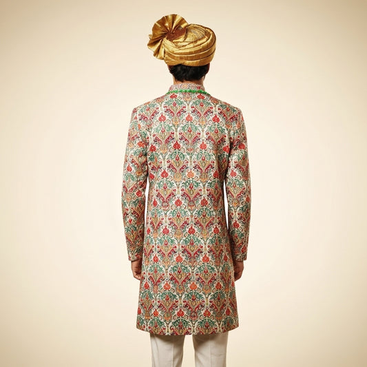 Navabi – Cream Brocade Silk Set with Multicolor Floral Embroidery