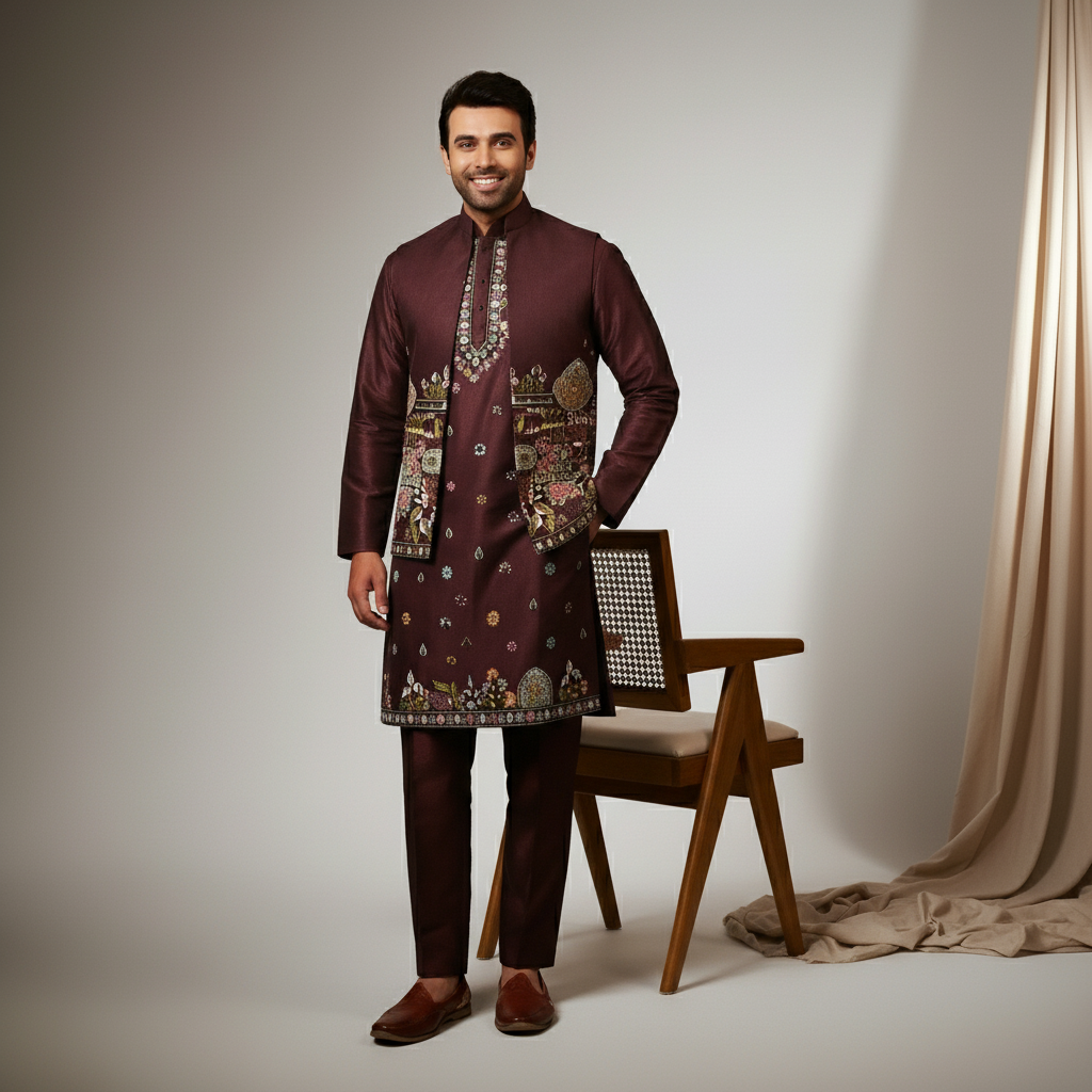 Deep Wine Geometric Printed Koti–Kurta–Pant Set