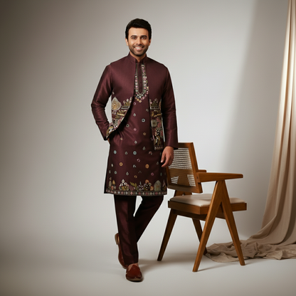 Deep Wine Geometric Printed Koti–Kurta–Pant Set
