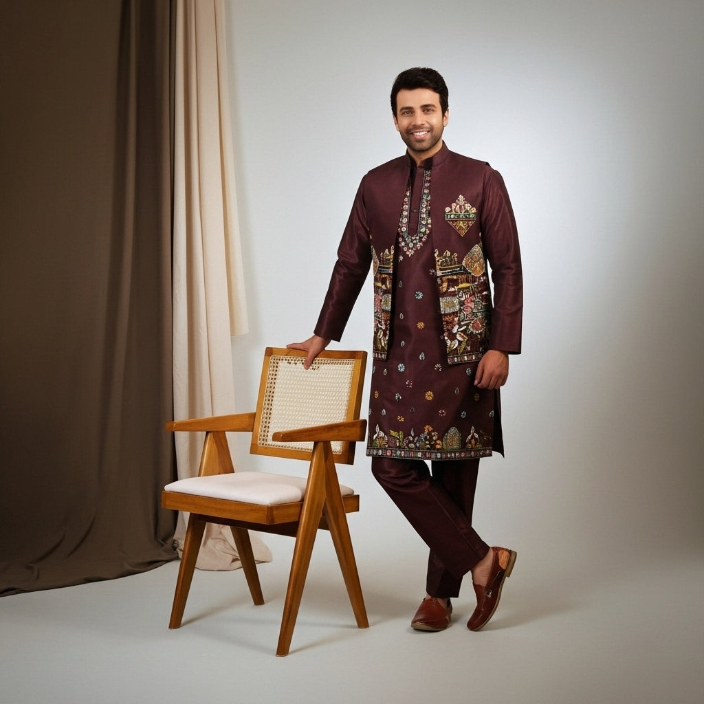 Deep Wine Geometric Printed Koti–Kurta–Pant Set