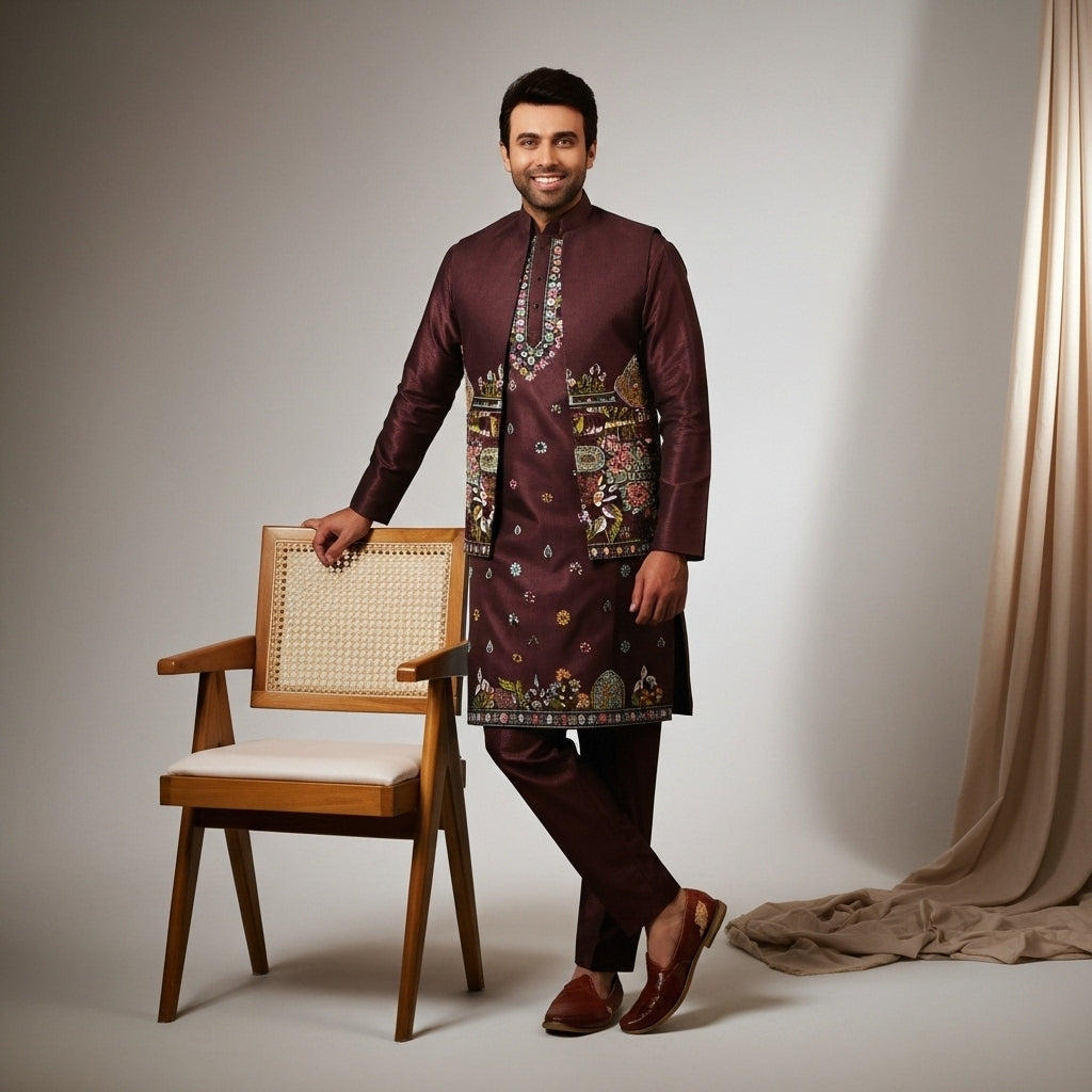 Deep Wine Geometric Printed Koti–Kurta–Pant Set