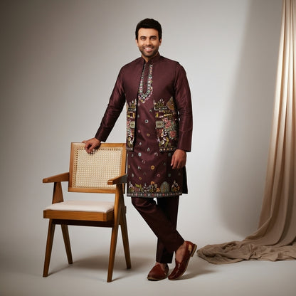 Deep Wine Geometric Printed Koti–Kurta–Pant Set