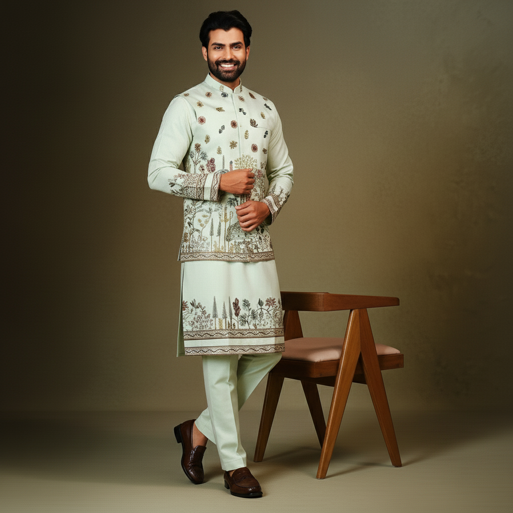 Pastel Mint Floral Printed Koti–Kurta–Pant Set