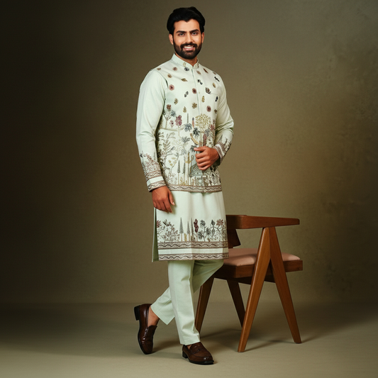 Pastel Mint Floral Printed Koti–Kurta–Pant Set