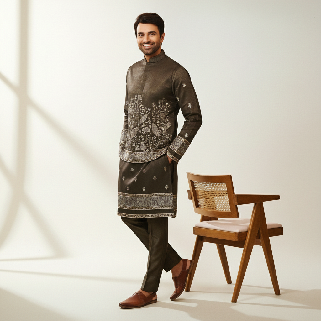 Deep Chocolate Brown Zari Embroidered Koti–Kurta–Pant Set