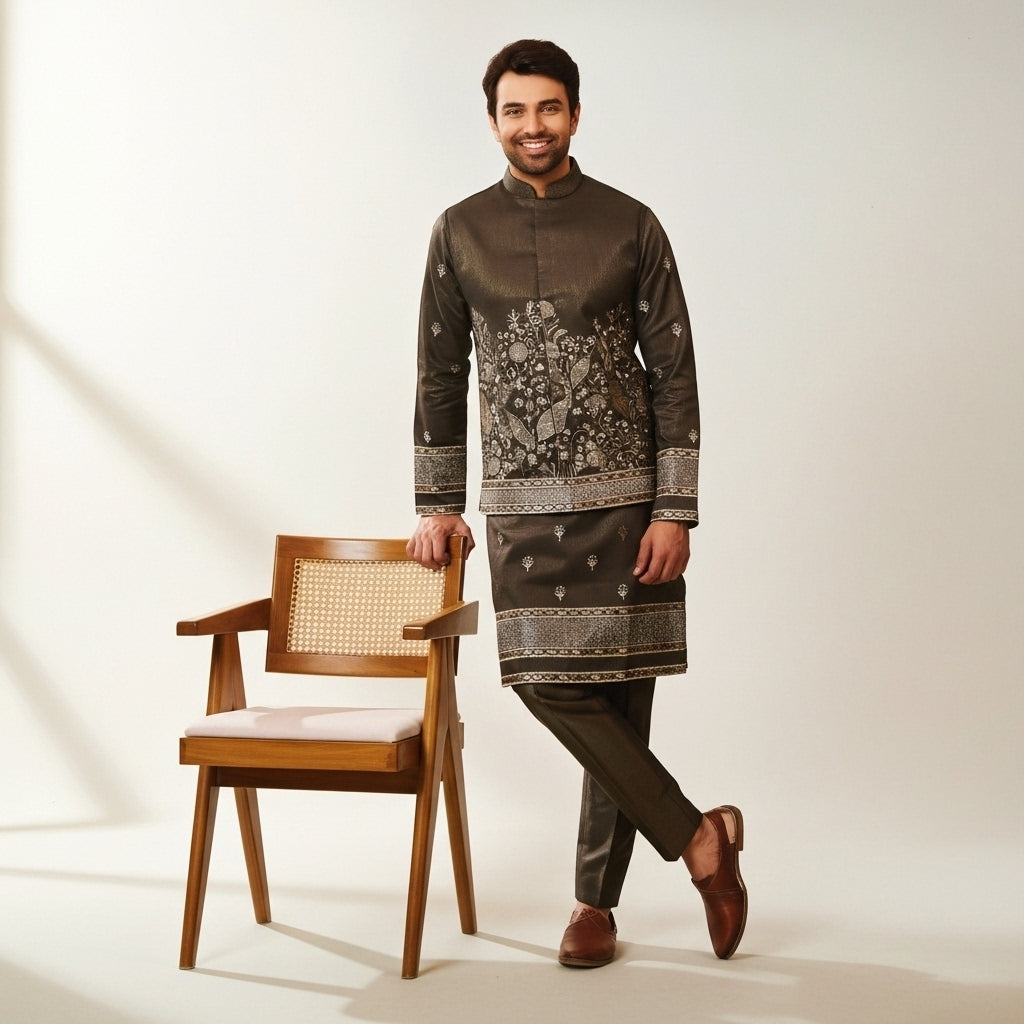 Deep Chocolate Brown Zari Embroidered Koti–Kurta–Pant Set