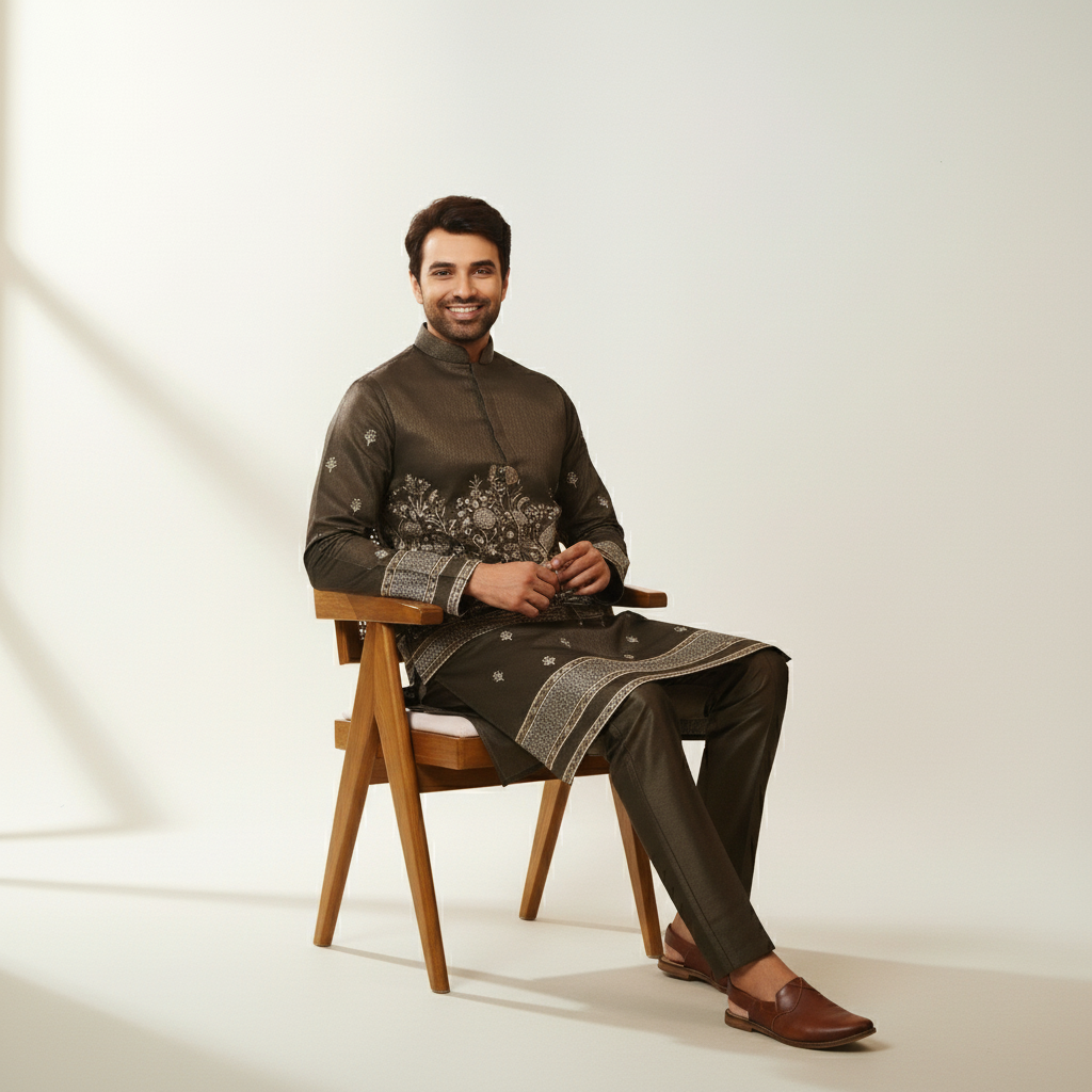 Deep Chocolate Brown Zari Embroidered Koti–Kurta–Pant Set