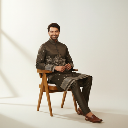 Deep Chocolate Brown Zari Embroidered Koti–Kurta–Pant Set