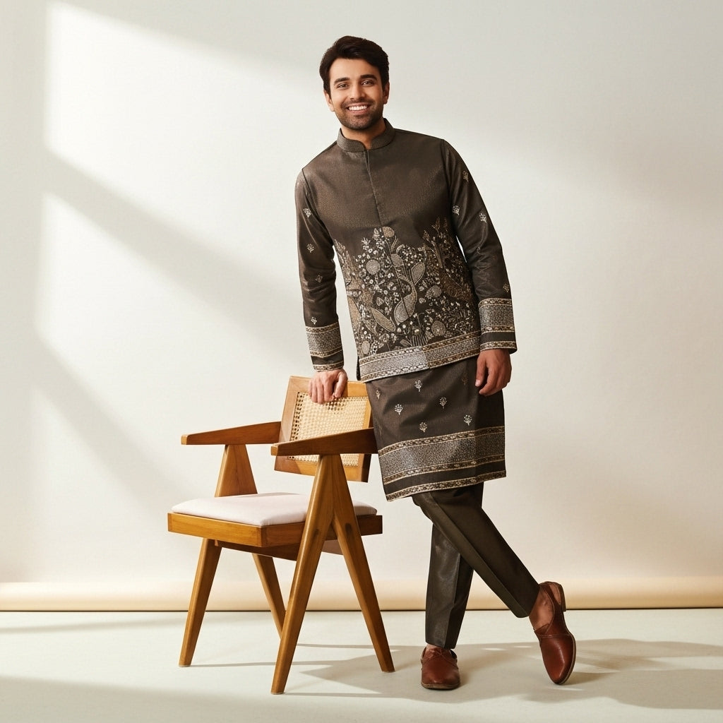 Deep Chocolate Brown Zari Embroidered Koti–Kurta–Pant Set