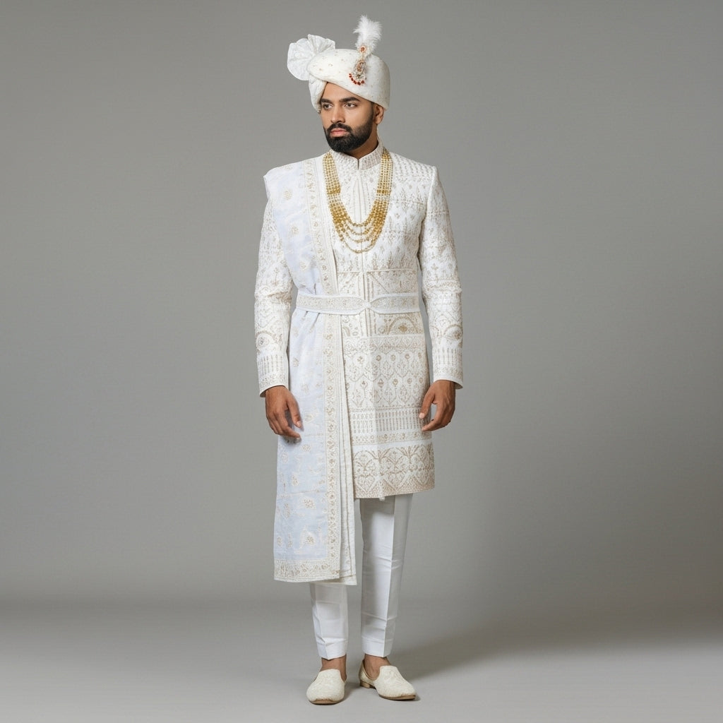 Classic Ivory Zari Embroidered Sherwani Set