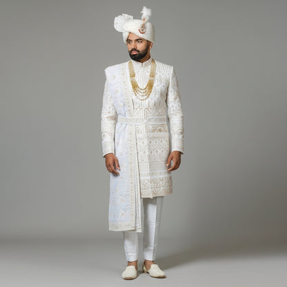 Classic Ivory Zari Embroidered Sherwani Set