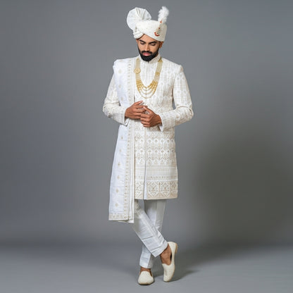 Classic Ivory Zari Embroidered Sherwani Set