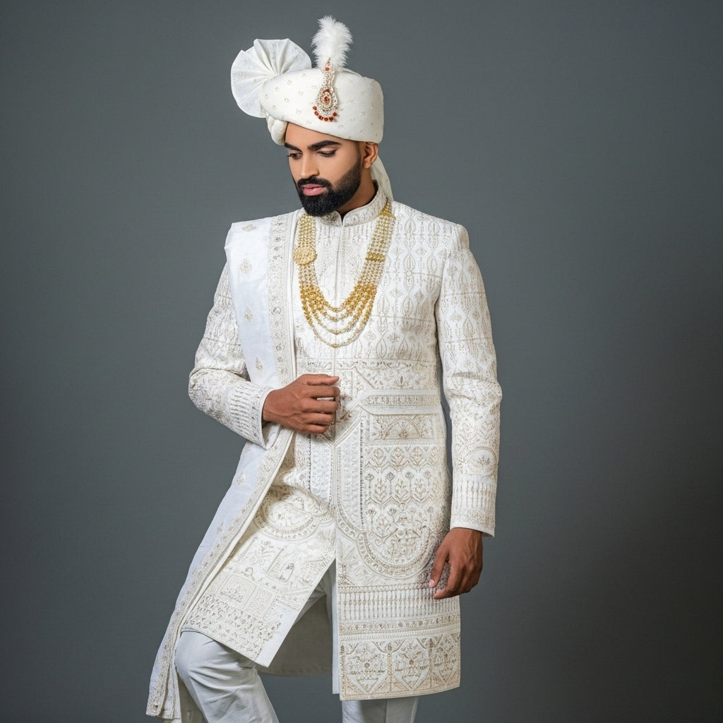 Classic Ivory Zari Embroidered Sherwani Set