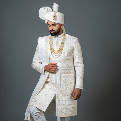 Classic Ivory Zari Embroidered Sherwani Set