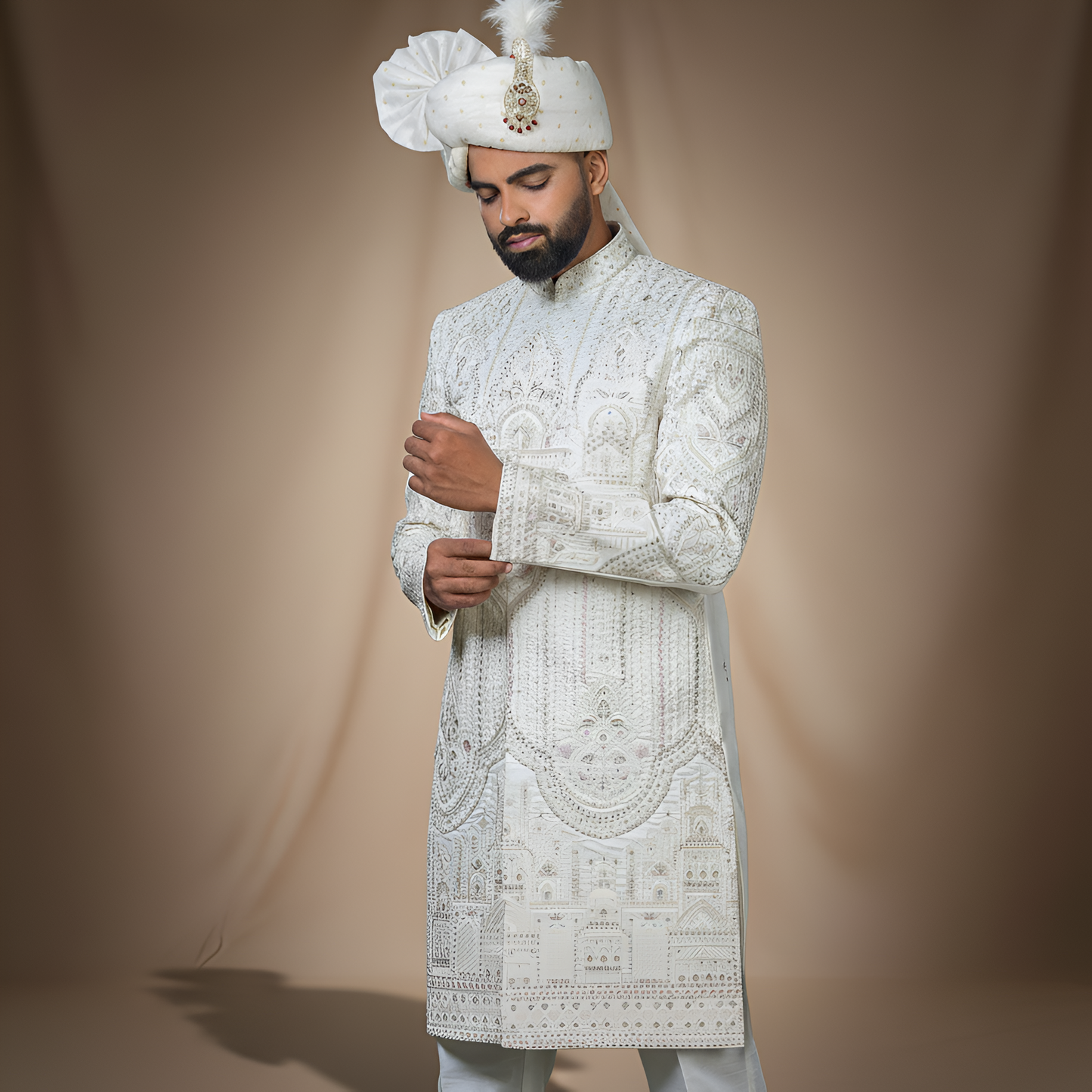 Ivory pastel accented sherwani set