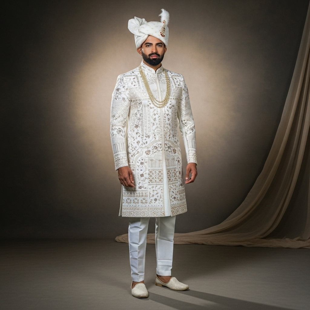 Golden Peach & Rama Handcrafted Sherwani Set