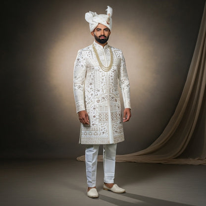 Golden Peach & Rama Handcrafted Sherwani Set