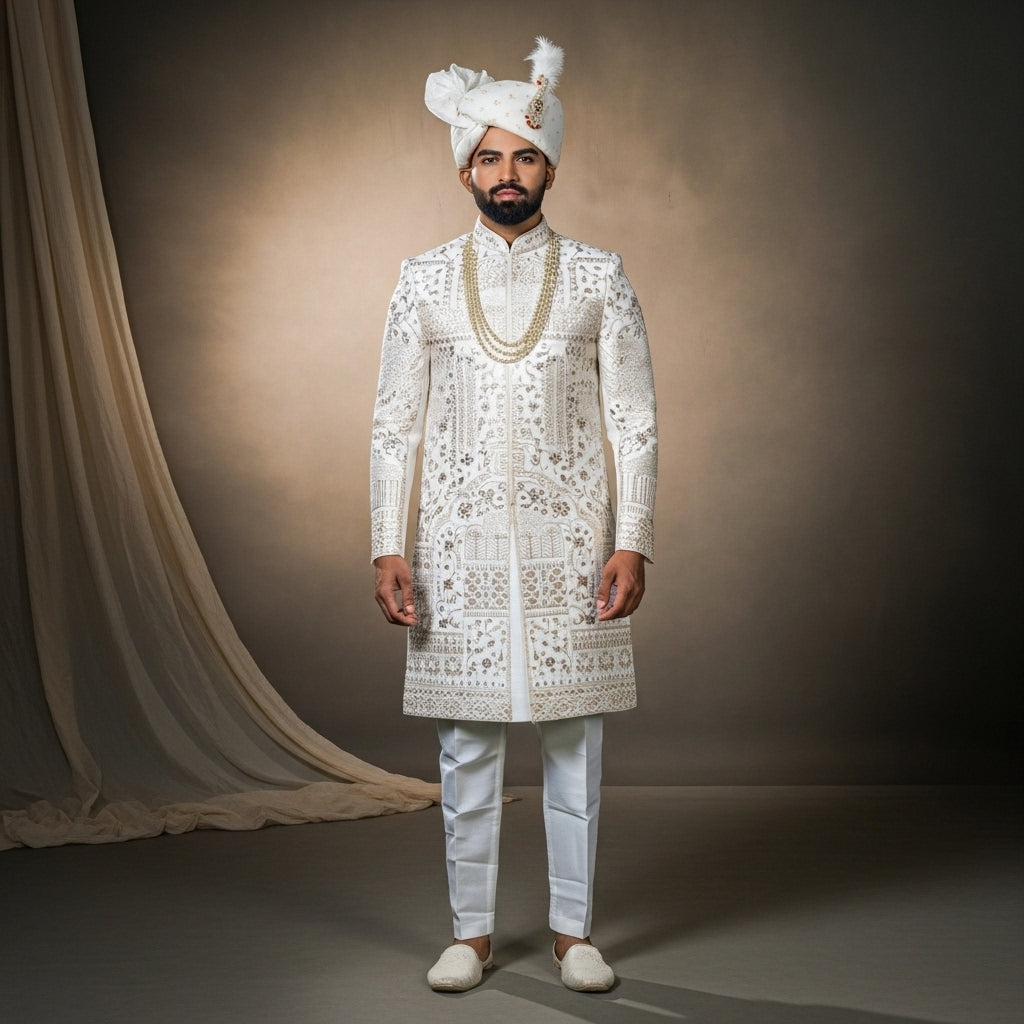 Golden Peach & Rama Handcrafted Sherwani Set