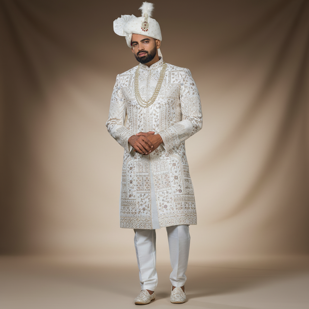 Golden Peach & Rama Handcrafted Sherwani Set