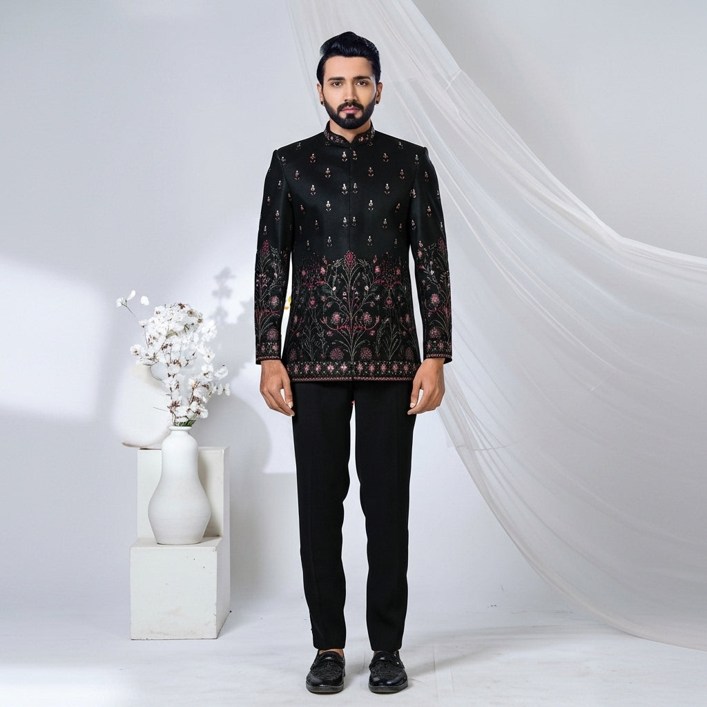 Black Maroon Gold Embroidered Jodhpuri Suit
