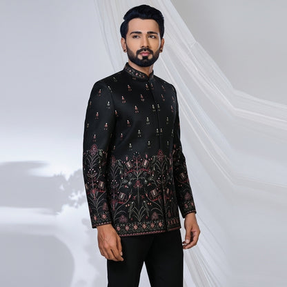 Black Maroon Gold Embroidered Jodhpuri Suit