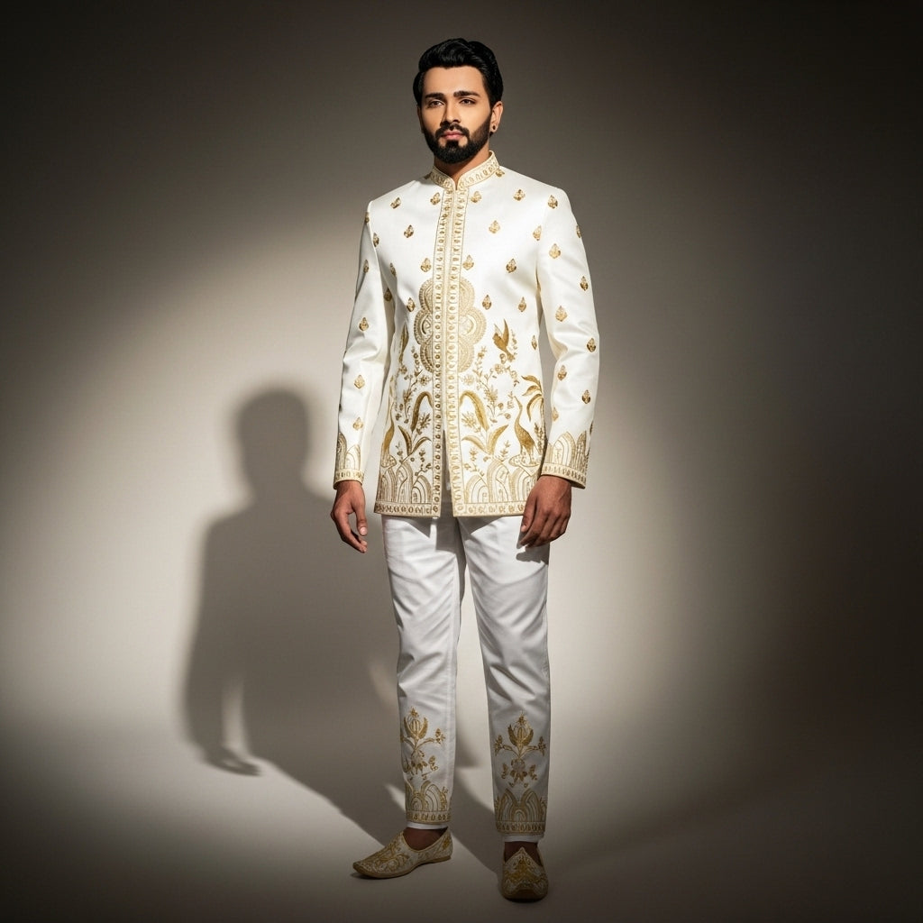 Ivory Gold Brocade Jodhpuri Suit
