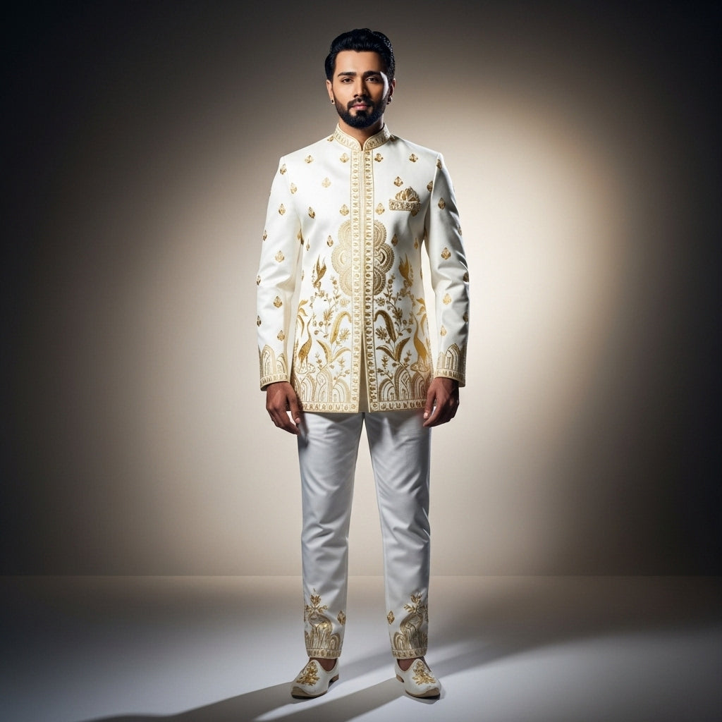 Ivory Gold Brocade Jodhpuri Suit