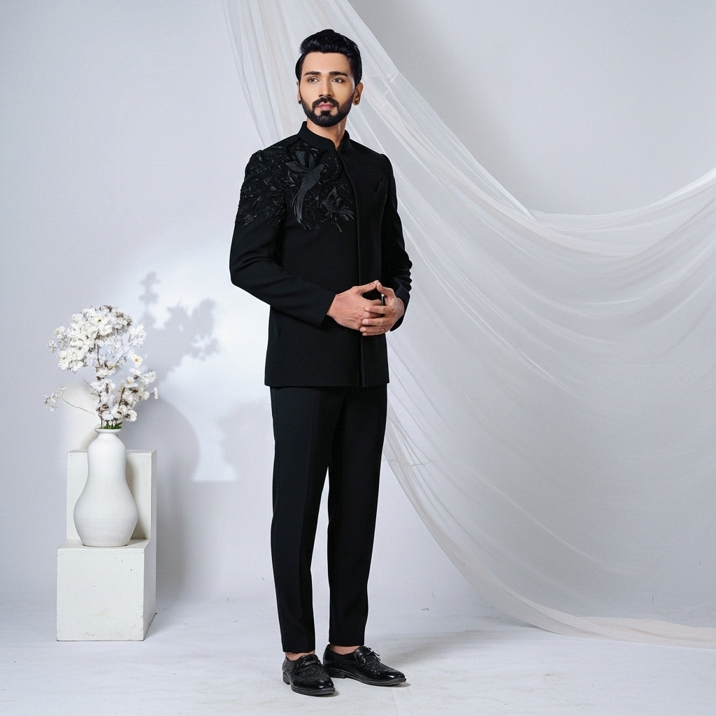 Jet Black Textured Floral Jodhpuri Suit