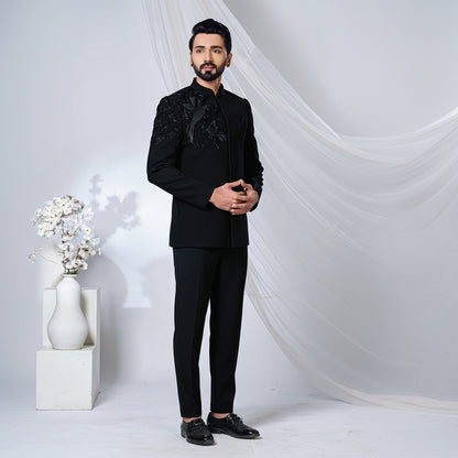 Jet Black Textured Floral Jodhpuri Suit