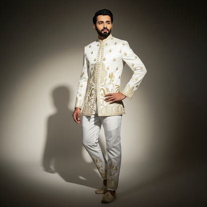 Ivory Gold Brocade Jodhpuri Suit