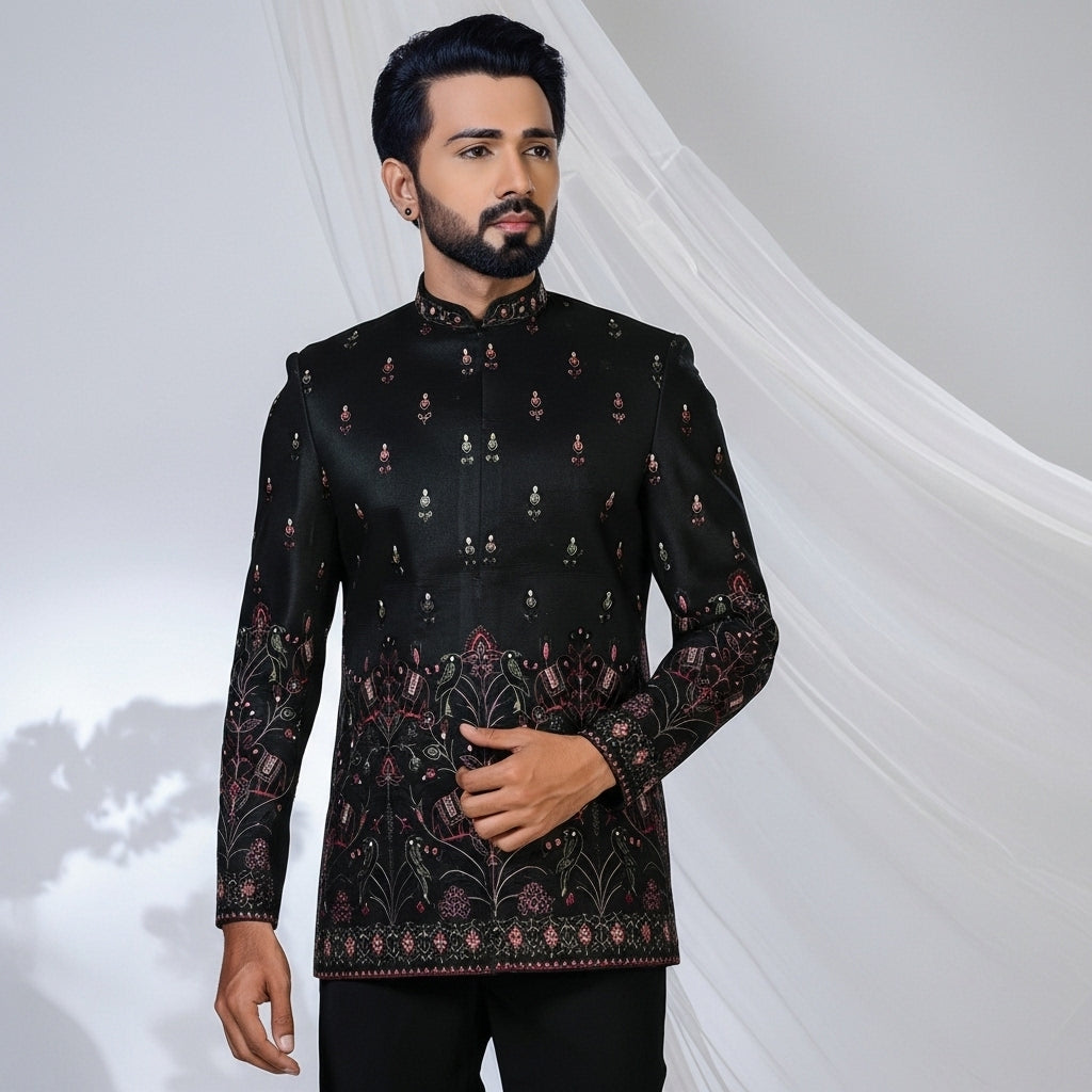 Black Maroon Gold Embroidered Jodhpuri Suit