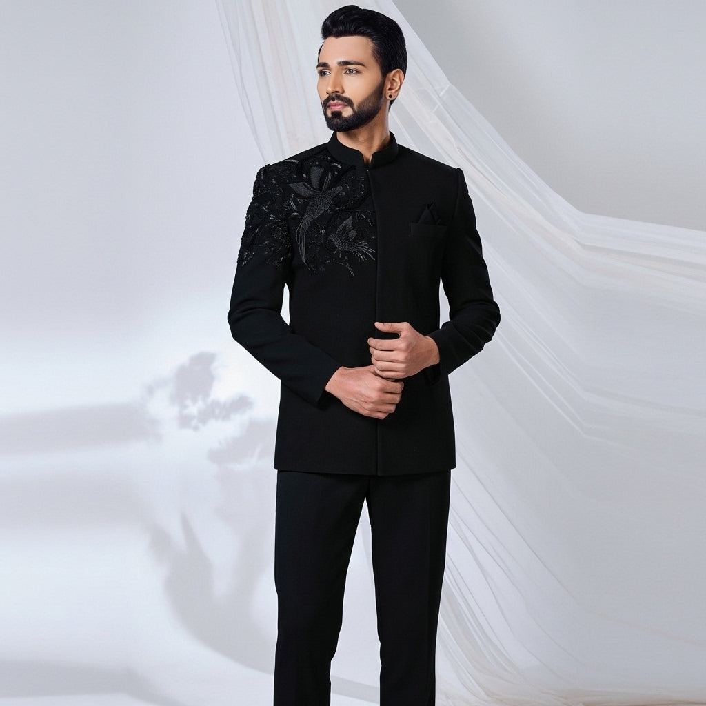 Jet Black Textured Floral Jodhpuri Suit