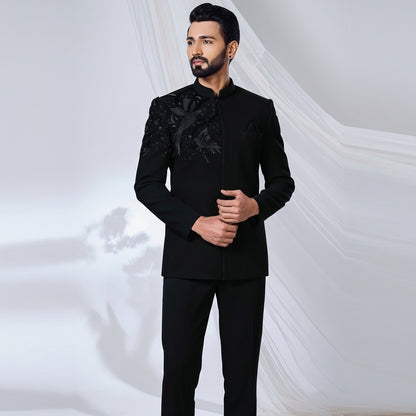 Jet Black Textured Floral Jodhpuri Suit