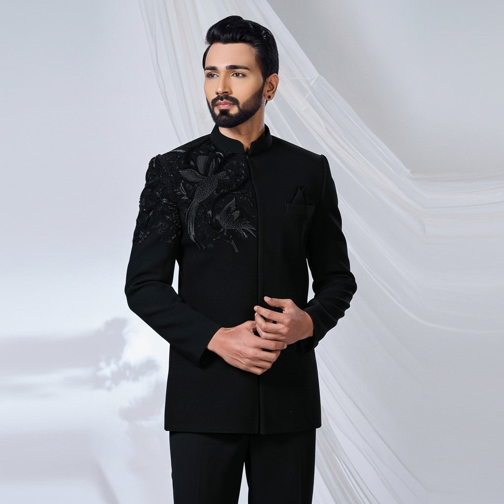 Jet Black Textured Floral Jodhpuri Suit