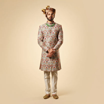 Navabi – Cream Brocade Silk Set with Multicolor Floral Embroidery
