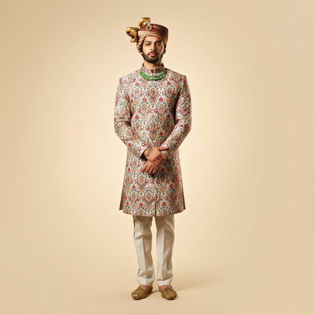 Navabi – Cream Brocade Silk Set with Multicolor Floral Embroidery
