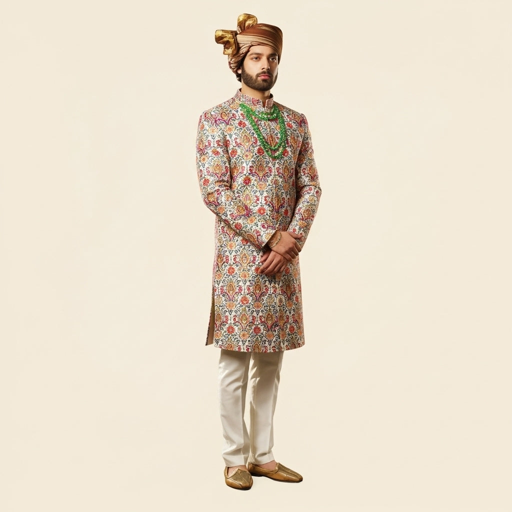 Navabi – Cream Brocade Silk Set with Multicolor Floral Embroidery