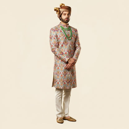Navabi – Cream Brocade Silk Set with Multicolor Floral Embroidery