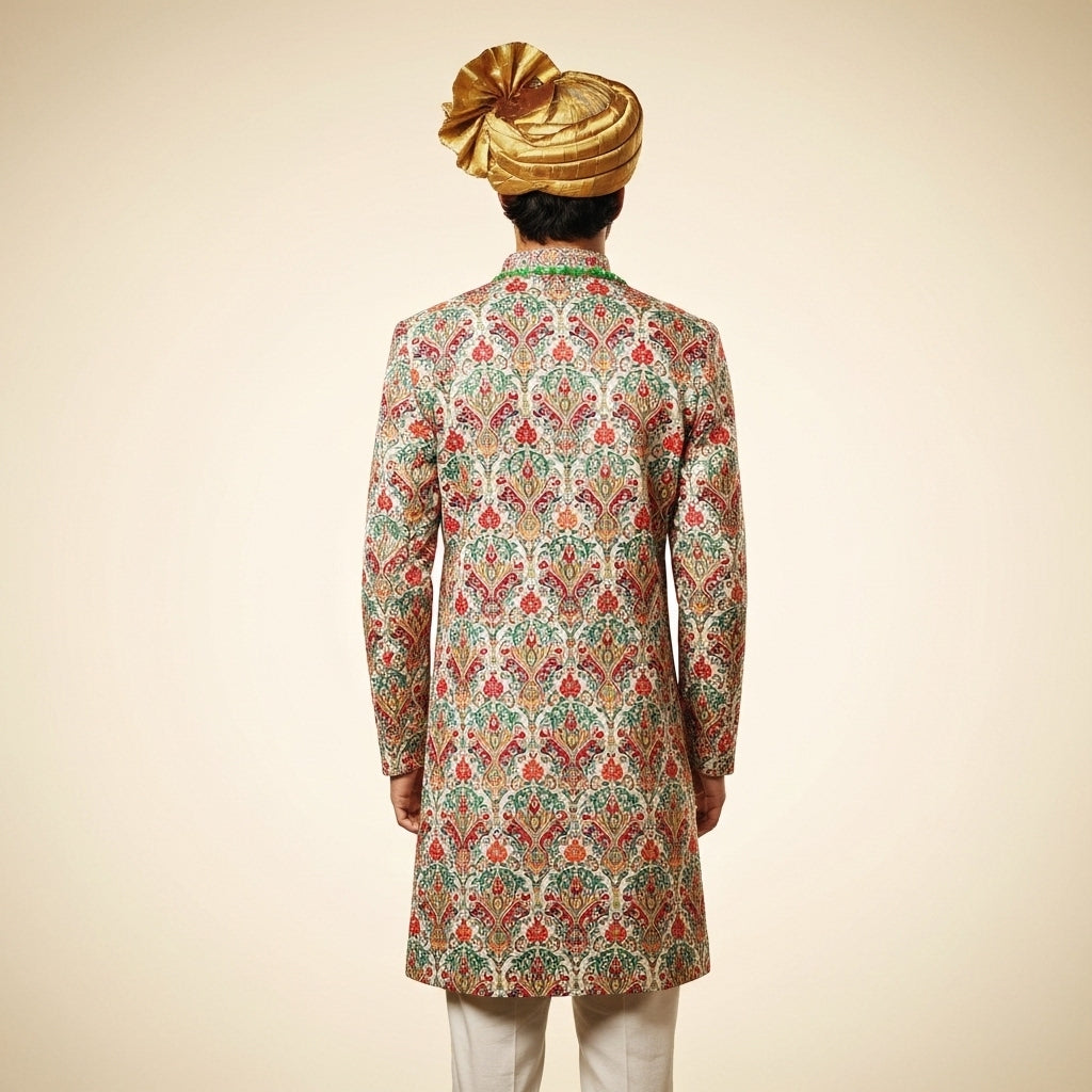 Navabi – Cream Brocade Silk Set with Multicolor Floral Embroidery