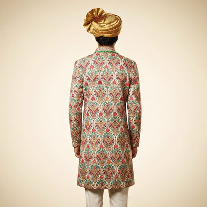 Navabi – Cream Brocade Silk Set with Multicolor Floral Embroidery