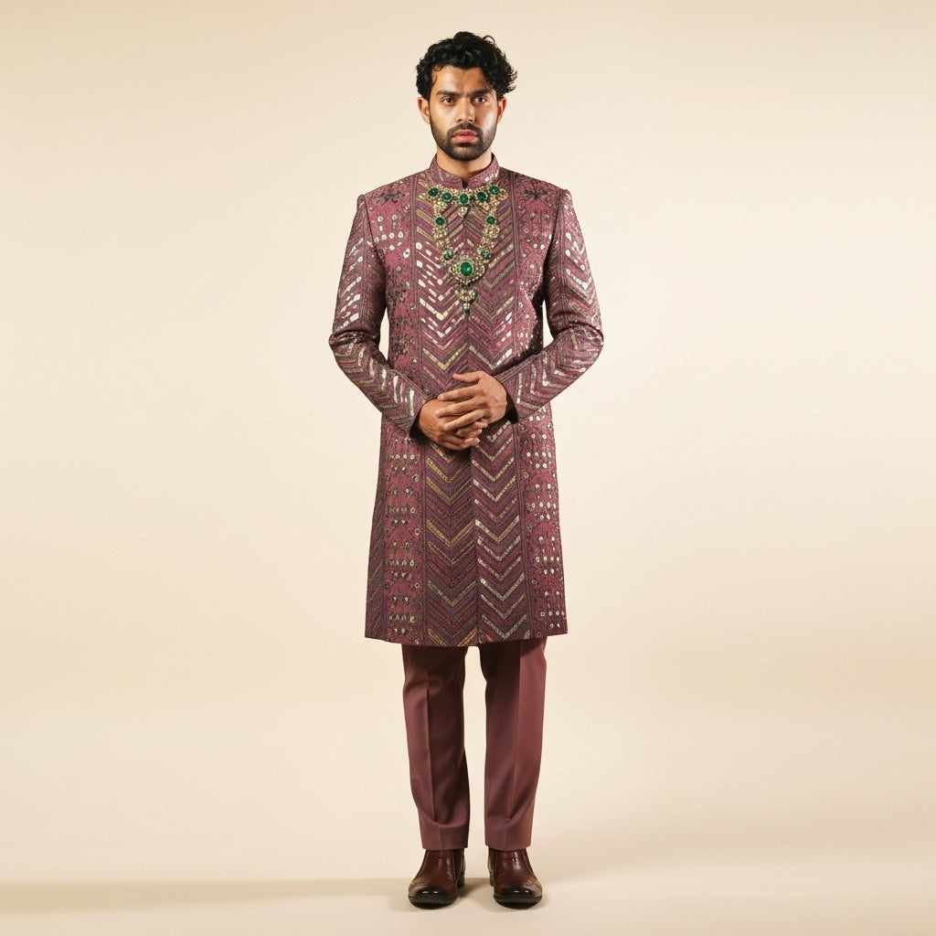 Navabi – Mauve Brocade Silk Set with Multicolor Thread Embroidery