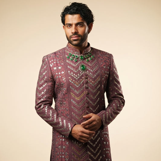 Navabi – Mauve Brocade Silk Set with Multicolor Thread Embroidery