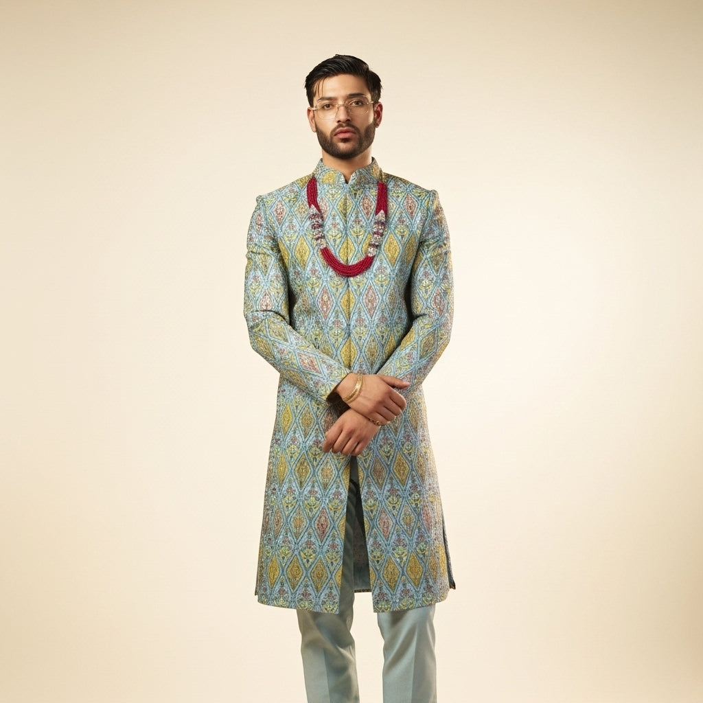 Navabi – Sky Blue Brocade Silk Set with Multicolor Diamond Embroidery
