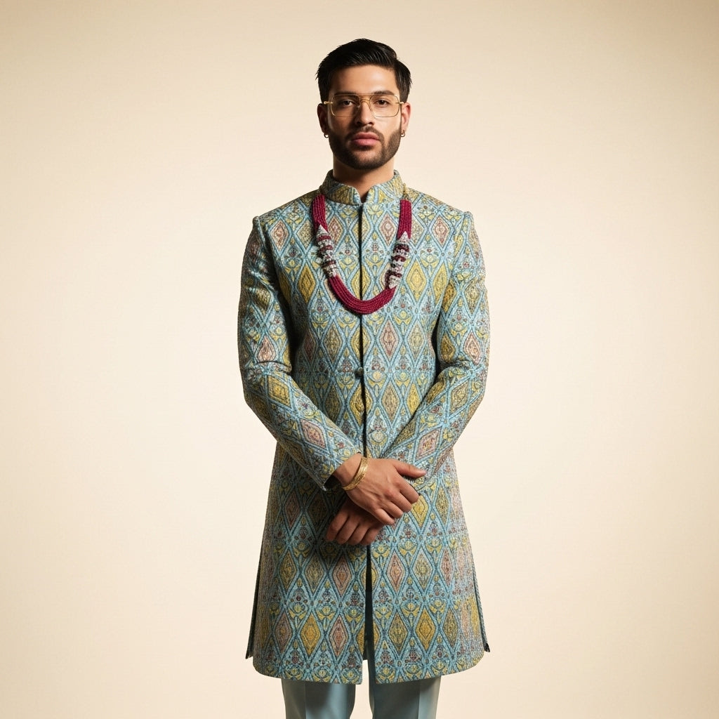 Navabi – Sky Blue Brocade Silk Set with Multicolor Diamond Embroidery